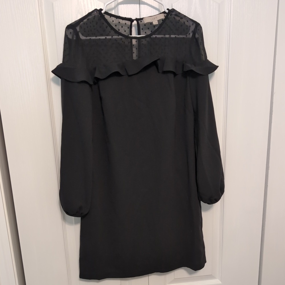 LOFT Womens Black Swiss Dot Ruffle Yoke Long Sleeve Shift Dress Size 4